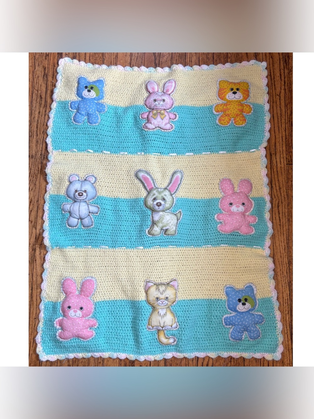 Vintage Animal Applique Crochet Baby Afghan Blanket Throw Handmade Colorful Cute